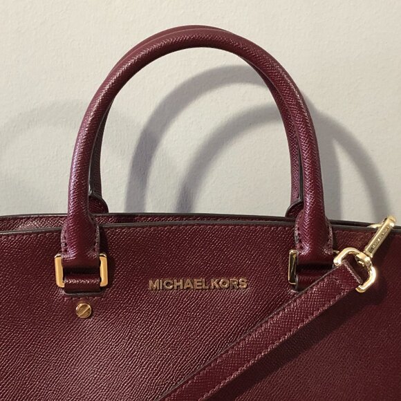 Michael Kors Selma Medium Saffiano Leather Merlot/Wine Satchel Crosbody Handbag - Picture 9 of 16